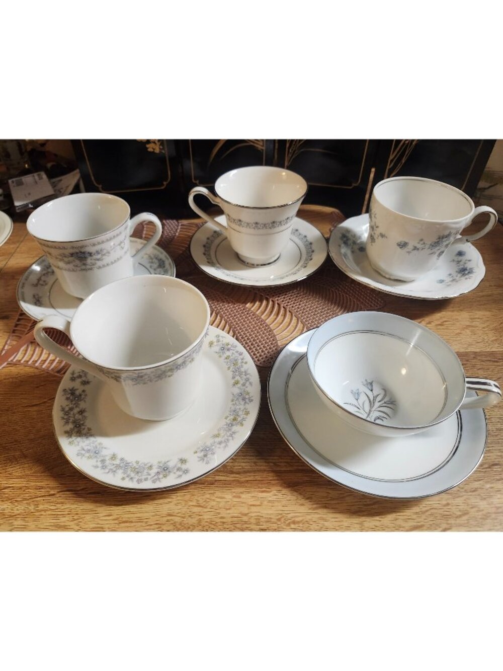 Mismatched China Tea Cups & Saucers Blue Theme Porcelain Floral